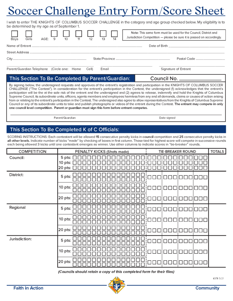 Soccer Challenge Entry Form and Score Sheet